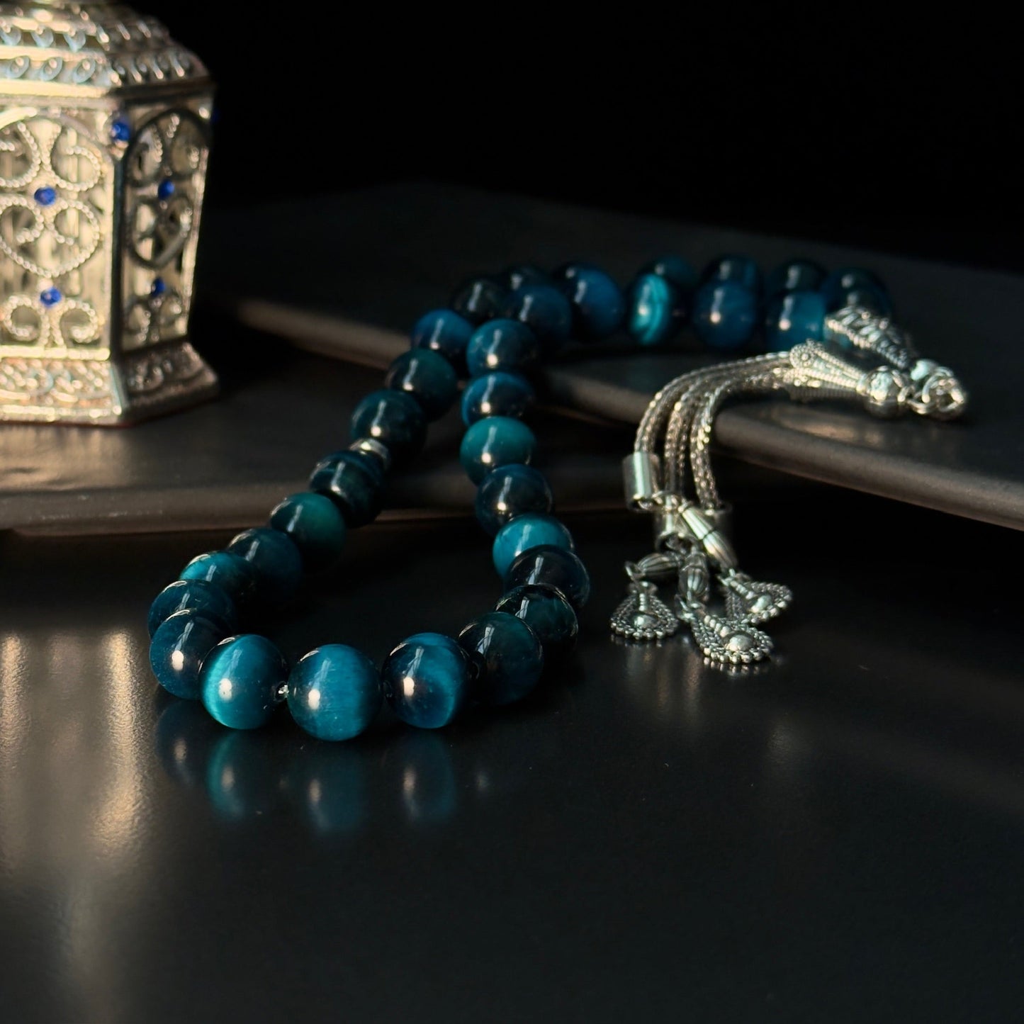 Light Blue Tiger Eye Tasbih – 10mm, 33 - Bead Natural Gemstone Beads
