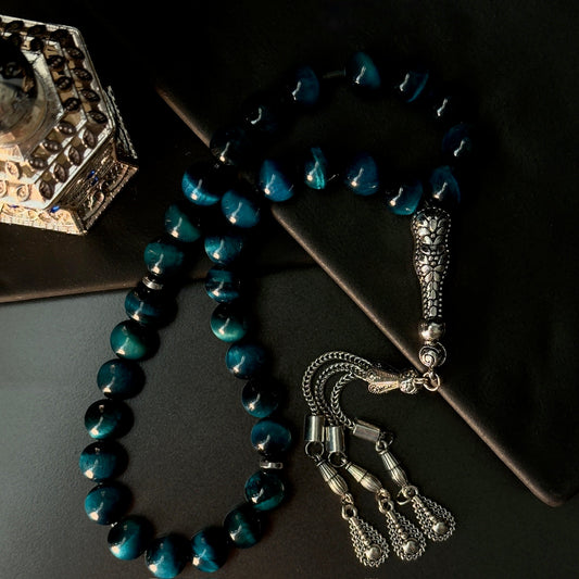 Light Blue Tiger Eye Tasbih – 10mm, 33 - Bead Natural Gemstone Beads