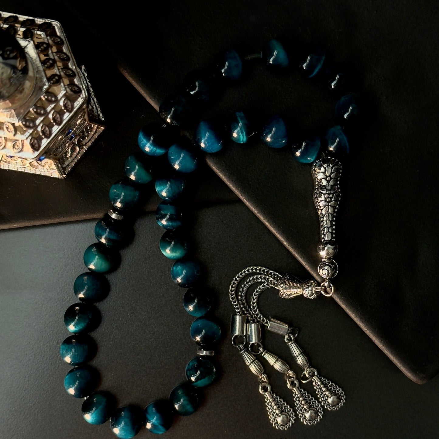 Light Blue Tiger Eye Tasbih – 10mm, 33 - Bead Natural Gemstone Beads
