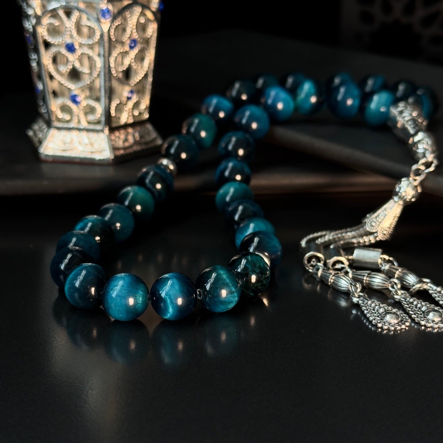 Light Blue Tiger Eye Tasbih – 10mm, 33 - Bead Natural Gemstone Beads